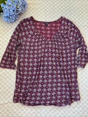 Lucky Brand Burgundy Cotton/Modal Print 3/4 Sleeve Blouse 1X